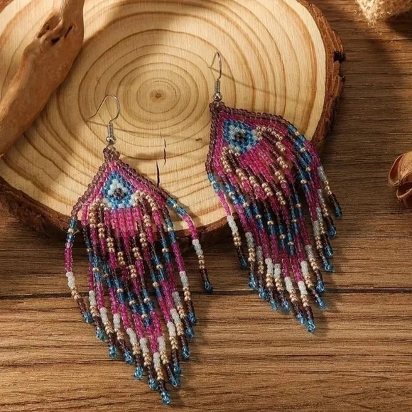 1 LEFT! Colorful Beaded Bohemian Tassel Earrings - Picture 2 of 4